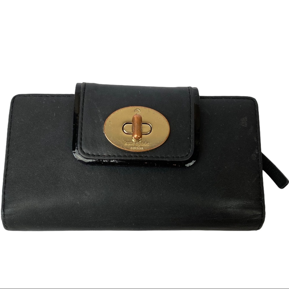 Kate Spade Black Leather Wallet Turnlock Open